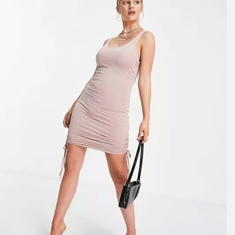 Threadbare Petite Ruched Tie Side Mini Dress in Taupe 6 NWT‎